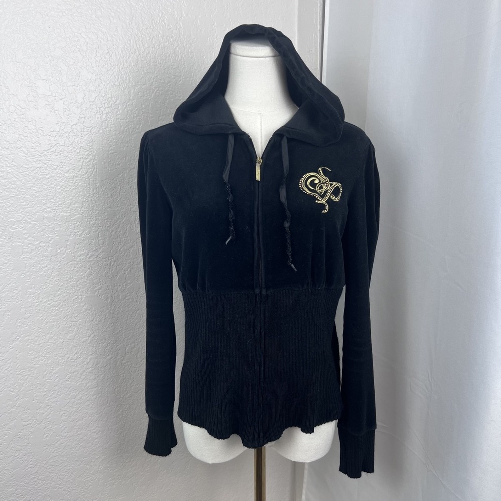 Vintage Y2K Southpole Sweater Womens Medium Black Velvet Hoodie Full Zip Grunge